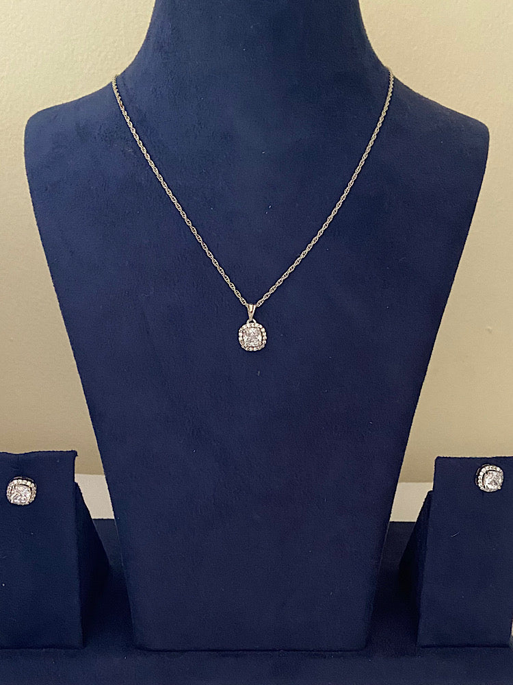 Silver Square Solitaire Pendant Set