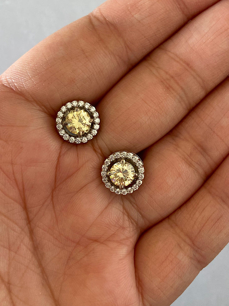 Silver Yellow Stone Solitaire Studs