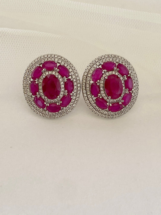 Dark Pink Studs Silver Earring