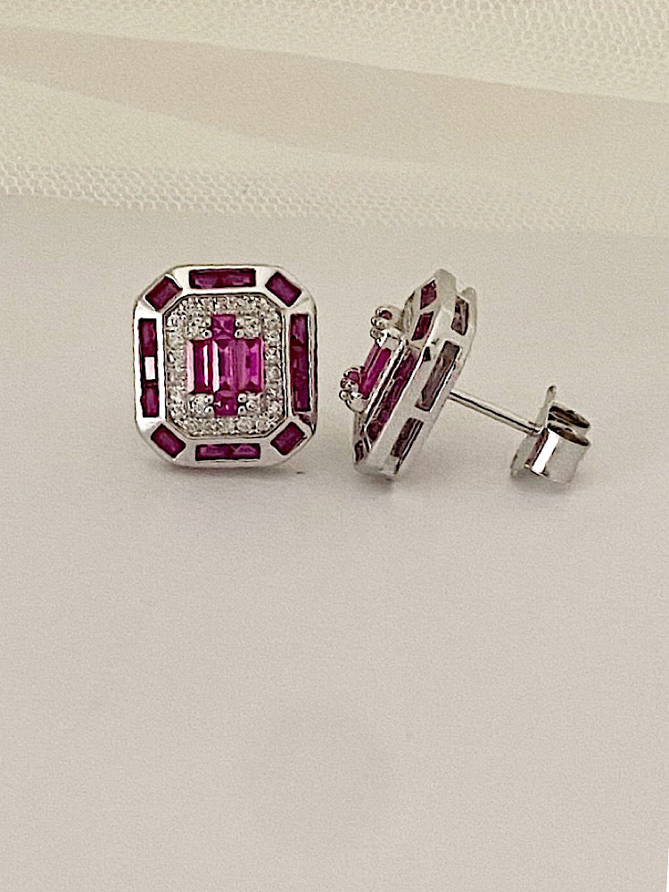 Pink Emerald Shape Silver Studs