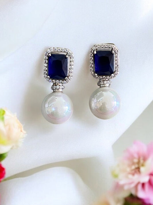 Silver Blue Stone Pearl Earrings