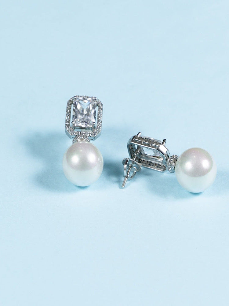 Silver White Stone Pearl Earrings