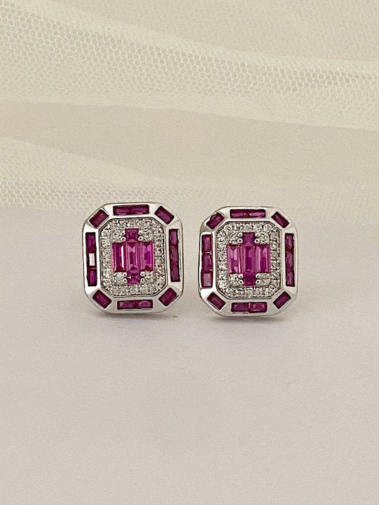 Pink Emerald Shape Silver Studs