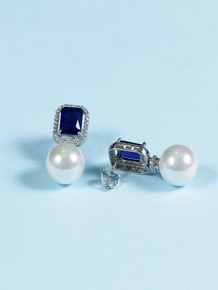 Silver Blue Stone Pearl Earrings