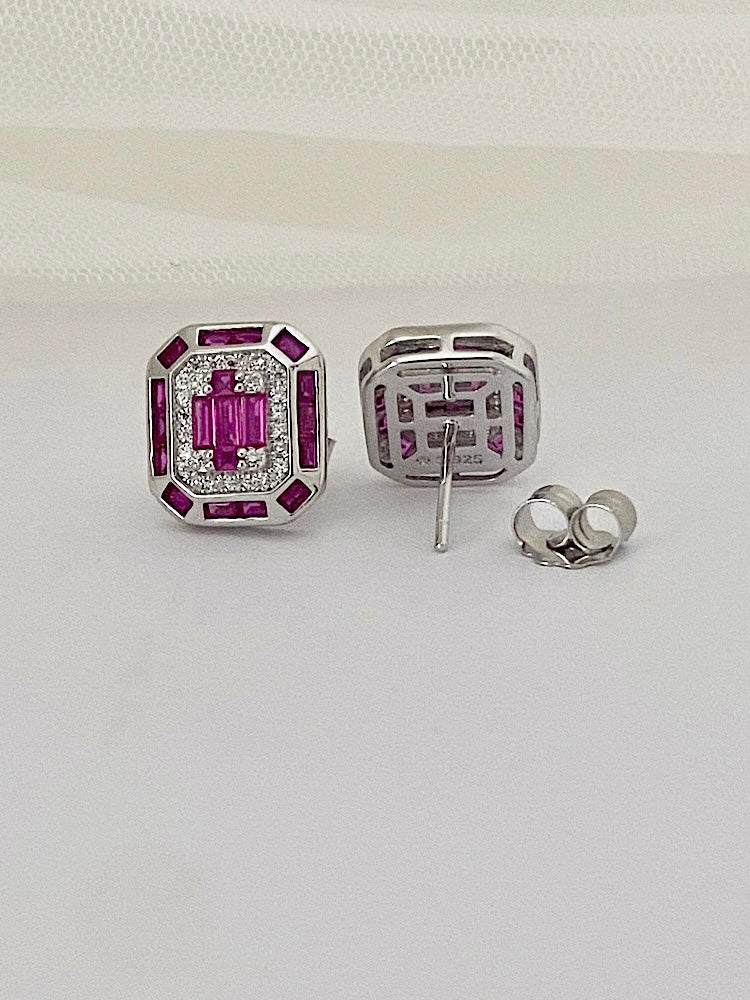 Pink Emerald Shape Silver Studs