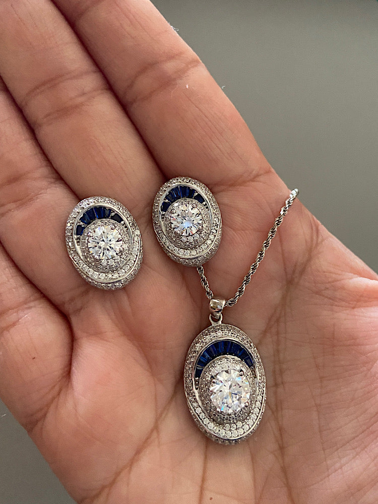 Silver Pendant Set With Solitaire & Blue Stone