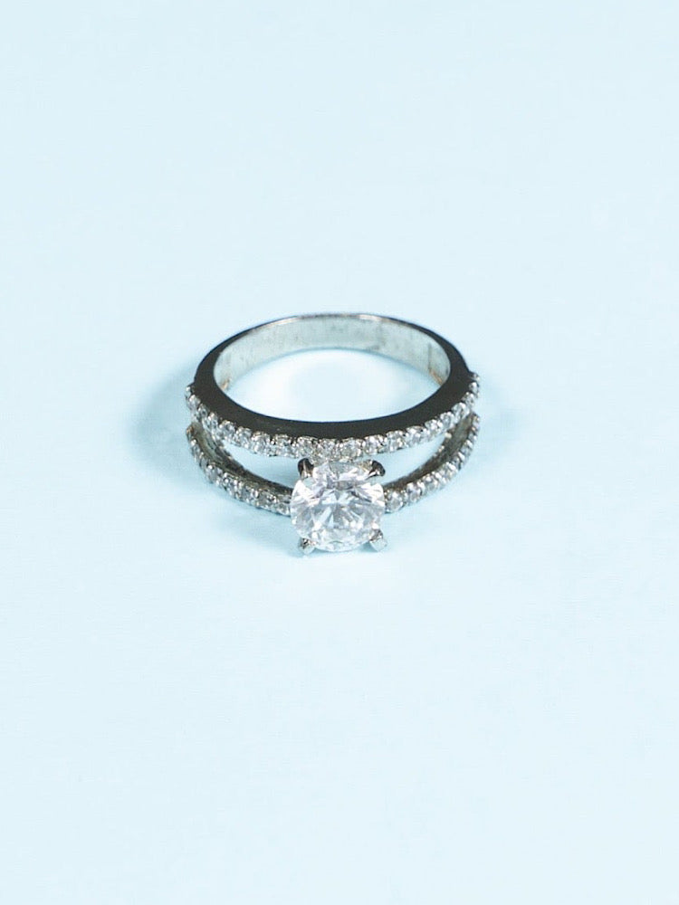 Silver Double-Line Solitaire Ring